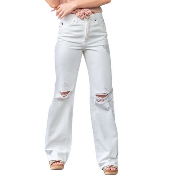 KANCAN Penelope 90s High Rise Button Fly Flare White Distressed Denim Jeans - Picture 1 of 10